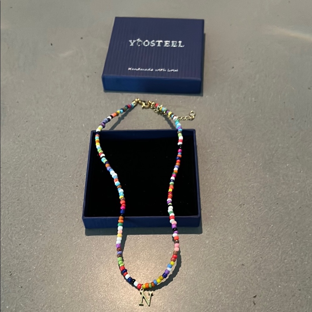 Multicolor Beaded Necklace with Gold Initial Pendant